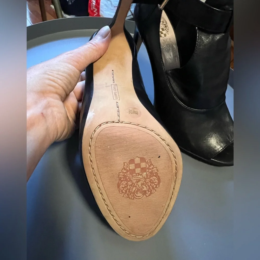 Vince Camuto Black Leather Peep-Toe Ankle-Strap Stilettos - Picture 5 of 16